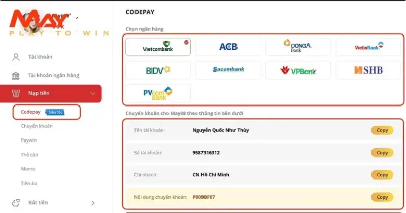 Nạp tiền may88 thông qua ngân hàng điện tử dễ dàng